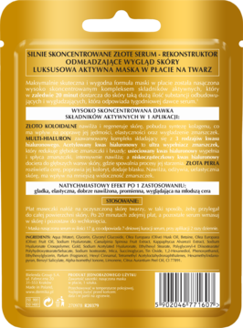 Tył złotej luksusowej maski w płacie ze skoncentrowanym serum, tekstem o złotym koloidzie i hialuronie.