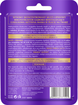 Tył fioletowej saszetki maski w płacie z multi-lipidowym rekonstruktorem. Widoczne szczegółowe opisy składu.