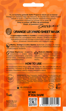 Tył pomarańczowej maski w płachcie Orange Leopard Sheet Mask z cętkami, instrukcja i składniki.