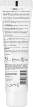 Tył białego opakowania MIYA mySILKmask 60 ml, maska-kokon z prebiotykami, widoczne informacje i kod kreskowy.