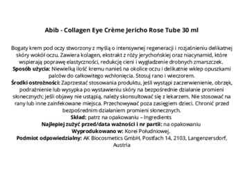 Etykieta Abib Collagen Eye Crème Jericho Rose Tube, krem pod oczy, szczegółowy tekst po polsku.