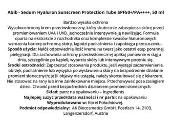 Tekst etykiety kremu Abib Sedum Hyaluron Sunscreen SPF50+ 50ml, szczegółowy opis ochrony UVA/UVB i nawilżenia.