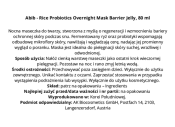Etykieta z polskim opisem maski Abib Rice Probiotics Overnight Mask Barrier Jelly 80ml, instrukcje, skład.