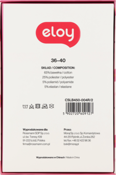 Tył biało-różowego opakowania skarpet Eloy w rozmiarze 36-40, ze składem: bawełna, poliester, poliamid, elastan.