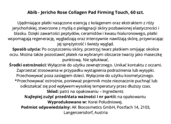 Tył opakowania Abib Jericho Rose Collagen Pad Firming Touch, 60 szt., z drobnym polskim tekstem i instrukcją.