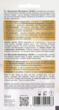 Tył opakowania Biotaniqe Mezoterapia Mikroigłowa 100.000, 8ml, z opisem składników aktywnych i kodem EAN.