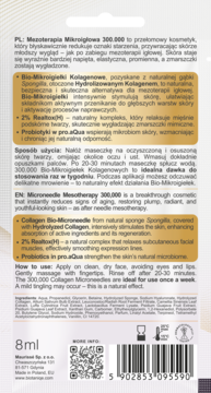 Biotaniqe Mezoterapia Mikroigłowa 300.000, tył biało-złotego opakowania z opisem działania i składu.