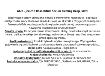 Biała etykieta z czarnym tekstem serum Abib Jericho Rose Bifida Serum Firming Drop, polski opis, skład i dane dystrybutora.