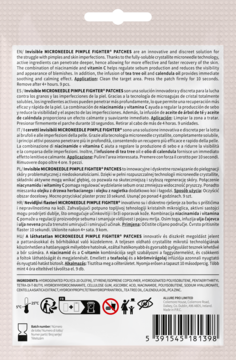Tył białego opakowania Invisible Microneedle Pimple Fighter® Patches, z opisem składników i ikonami ostrzegawczymi.