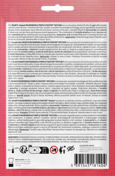 Tył białego opakowania plastrów HEARTS PIMPLE FIGHTER®, z wielojęzycznym opisem, składem i instrukcjami.