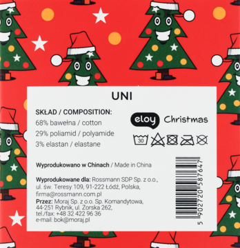 Tył opakowania skarpet świątecznych Eloy Christmas, czerwone z choinkami. Biała etykieta ze składem: bawełna, poliamid, elastan.