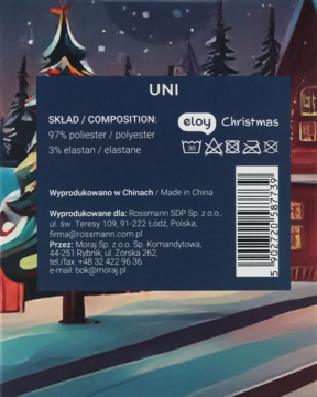 Tył opakowania skarpet Eloy Christmas, ciemnoniebieska etykieta ze składem: 97% poliester, 3% elastan, Made in China.