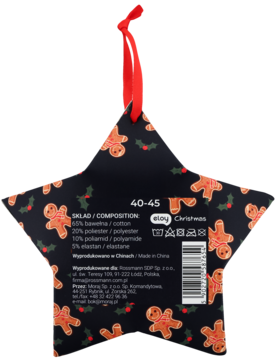 Czarna metka skarpet w kształcie gwiazdy, z wzorem pierników i ostrokrzewu, rozmiar 40-45, dane producenta.