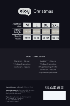 Eloy Christmas: tabela rozmiarów i skład bokserek oraz skarpetek. Widok tyłu etykiety produktu.