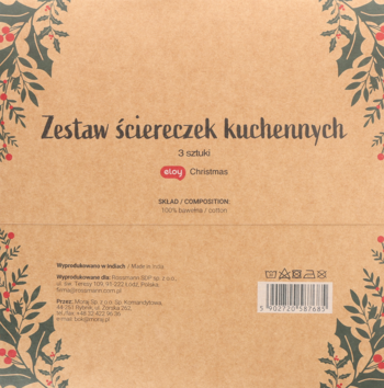 Tył opakowania zestawu 3 świątecznych ściereczek Alty, brązowy papier, motyw ostrokrzewu i teksty produktu.