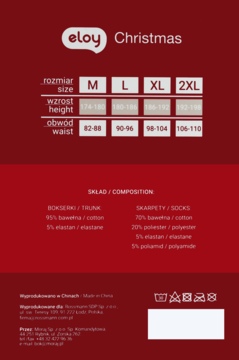 Etykieta eloy Christmas z tabelą rozmiarów (M-2XL) i składem bokserek (95% bawełna) oraz skarpet.