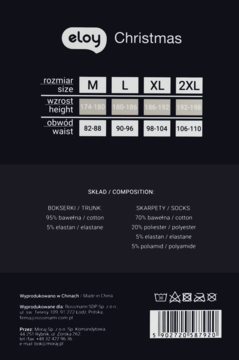 Ciemna etykieta Eloy Christmas z tabelą rozmiarów (M-2XL), składem bokserek (95% bawełny) i skarpetek. Tył opakowania.