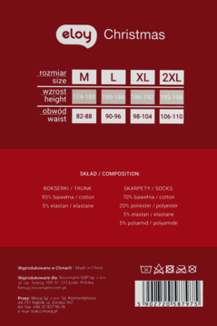 Tył opakowania Eloy Christmas z tabelą rozmiarów bielizny i skarpet: M-2XL, skład bawełna/poliester.