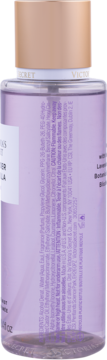 Tył fioletowej mgiełki Victoria's Secret Lavender & Vanilla z widoczną listą składników i detalami produktu.