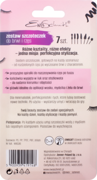 Tył biało-fioletowego opakowania Ewa Schmitt zestawu 7 szczoteczek do brwi i rzęs, z instrukcjami.