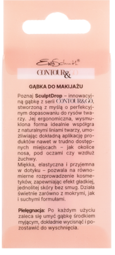 Tył różowego opakowania gąbki make up Ewa Schmitt Contour&Go SculptDrop, z tekstem o ergonomii i pielęgnacji.