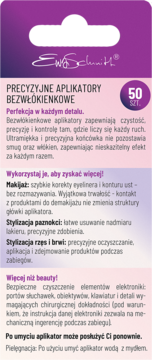 Ewa Schmitt: ulotka aplikatorów bezwłókienkowych, 50 szt., z opisem zastosowań do makijażu, rzęs i elektroniki.