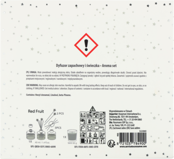 Tył opakowania zestawu zapachowego Red Fruit z dyfuzorem i świeczką, widoczny symbol ostrzegawczy i instrukcje.