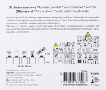 Tył białego opakowania zestawu zapachowego. Widoczne piktogramy ostrzegawcze, instrukcje użycia i kod kreskowy.