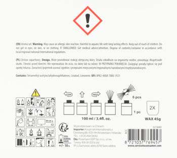 Tył opakowania wosku do depilacji: ostrzeżenia, instrukcje użycia z ikonami, kod kreskowy, 100 ml.