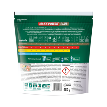 Tył zielono-białej torebki kapsułek Ludwik MAXX POWER PLUS All in 1 480g, z instrukcją i piktogramami.