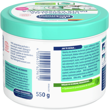 Tył opakowania uniwersalnej pasty czyszczącej Dr. Beckmann 550g, białe z turkusową pokrywą.