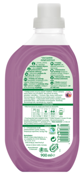 Fioletowy zmiękczacz do tkanin 900 ml z figą, butelka, widok z tyłu. Biały korek, etykieta z polskim opisem i ikonami.