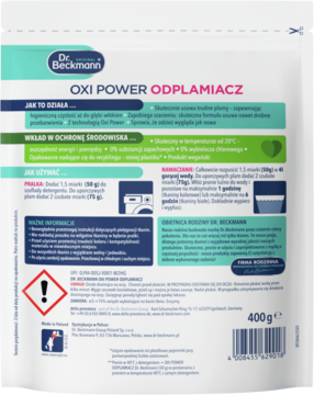 Dr. Beckmann Oxi Power Odplamiacz, tył białej torebki 400g z zielono-niebieskimi detalami i instrukcjami użycia.