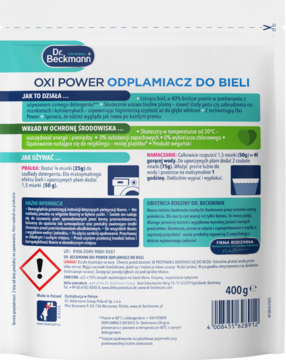 Tył białego opakowania Dr. Beckmann OXI POWER odplamiacza do bieli 400g, z niebieskimi akcentami i instrukcjami użycia.