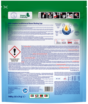 Tylne opakowanie kapsułek piorących Sofin Complete Universal Rinse, zielono-niebieskie, z ikonami bezpieczeństwa i opisem.