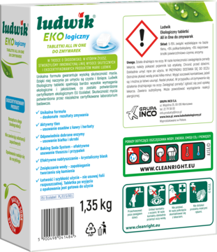Tył pudełka Ludwik EKO logiczny tabletki do zmywarki, biało-zielone, z opisem i certyfikatem.