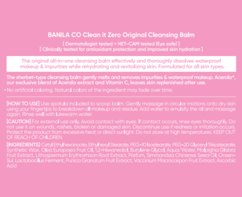 BANILA CO Clean It Zero Cleansing Balm, tył opakowania z białą etykietą, instrukcjami użycia i składem.