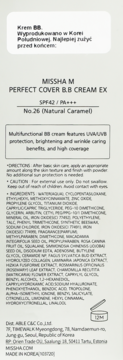 Tył opakowania kremu BB Missha Perfect Cover No.26 Natural Caramel SPF42 z opisem w języku polskim.