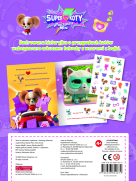 Fioletowa tylna okładka komiksu Super Koty Przygoda Max. Widok rozłożonych stron z bohaterami i arkuszami naklejek.