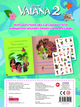 Tył książki Disney Vaiana 2, z otwartymi stronami i arkuszem tatuaży z bohaterami bajki dla dzieci.