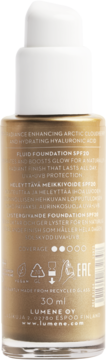 Tył szklanej butelki podkładu Lumene Fluid Foundation SPF20, odcień Tan, 30 ml, z białym kroplomierzem.