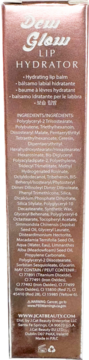 Tył rose gold opakowania J.Cat Beauty Dew Glow Lip Hydrator z listą składników, danymi producenta i ostrzeżeniami.