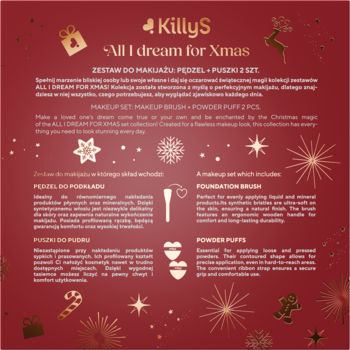 KillyS All I dream for Xmas: pędzel do podkładu i dwie puszki w kształcie serc na czerwonym tle.