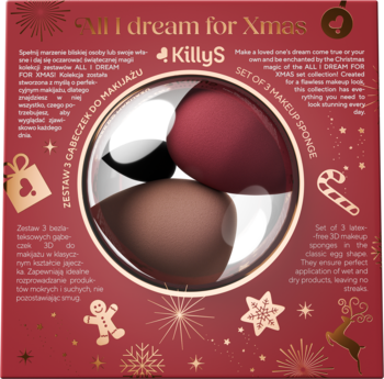KillyS: zestaw 3 gąbeczek do makijażu (brąz, bordo, beż) w czerwonym, świątecznym pudełku, widok z przodu.