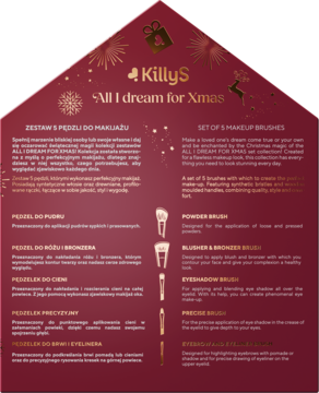 KillyS: zestaw 5 świątecznych pędzli do makijażu, czerwone pudełko w kształcie domu ze złotymi zdobieniami.