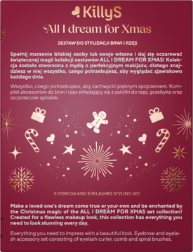 Killys All I dream for Xmas zestaw do brwi i rzęs, czerwone opakowanie ze złotymi świątecznymi wzorami.
