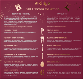 Czerwony plakat KillyS 'All I dream for Xmas' z opisem świątecznego zestawu do makijażu i akcesoriów.