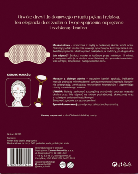 Tył opakowania zestawu Ewa Schmitt JADE CHILL z beżową opaską chłodzącą i zielonym rollerem do masażu.