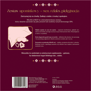 Tył bordowego opakowania Ewa Schmitt RELAX&REST, z listą 4-elementowego zestawu do snu i SPA.