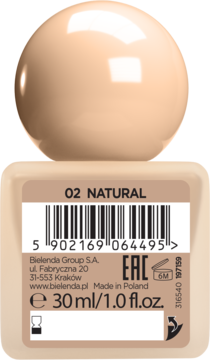 Bielenda 02 Natural, kryjąco-wygładzający podkład w beżowej butelce z okrągłą zakrętką, widok z przodu, 30ml.